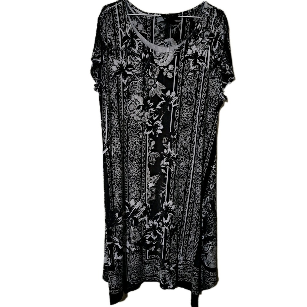 050) Style & Co Womens Dress Floral Black White XL Midi Short Sleeve Casual Boho